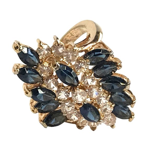 Gold Tone Cocktail Ring Dark Blue Marquise and Clear Round Crystal Cluster Sz 6 - Picture 3 of 6